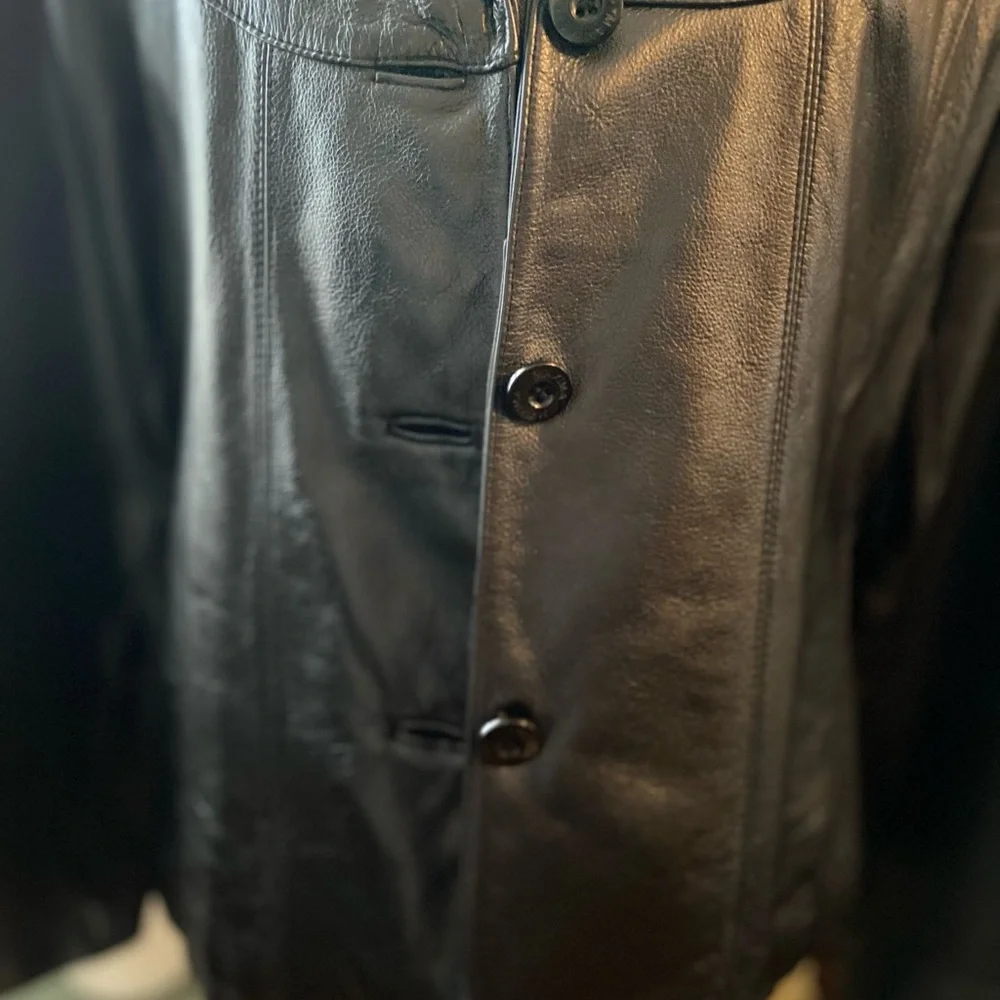 Black genuine leather blazer style button front jacket - Picture 2 of 9